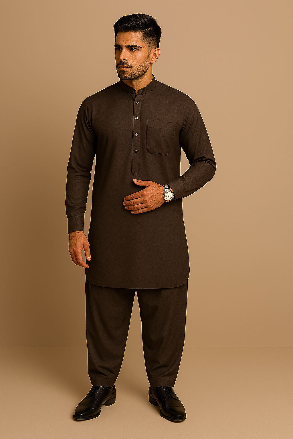 Premium Men's Wash n' Wear Unstitched - Chocolate Brown Secondary image