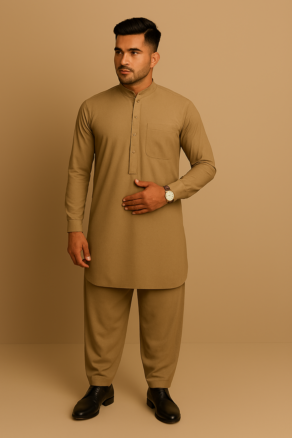 Premium Men's Wash n' Wear Unstitched - Khaki Secondary image